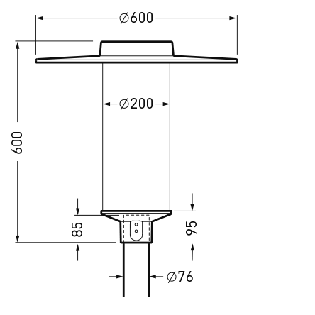 Teknisk ritning av takpendel från PROLJUS AB med platt cirkulär skärm Ø600 mm, totalhöjd 600 mm, mittpelare Ø200 mm och anslutningsstam Ø76 mm, inklusive monteringsmått 85 mm och 95 mm, modern energieffektiv och robust design för kommersiella miljöer