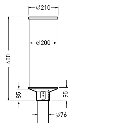 Teknisk ritning av PROLJUS pendelarmatur i slät cylinderform med 200 mm diameter, toppkrage 210 mm och totalhöjd 600 mm, monteringsrör 76 mm, stilren och robust design perfekt för kontor, hotell och offentliga miljöer från PROLJUS AB
