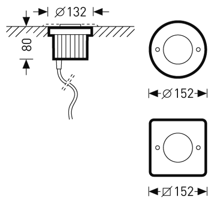 Teknisk illustration av infälld armatur från PROLJUS AB med rund insats Ø132 mm och synlig kant Ø152 mm samt alternativ kvadratisk ram 152x152 mm, monteringsdjup 80 mm, kabelutförsel och två fästhål, robust och energieffektiv LED-armatur idealisk för professionella installationer