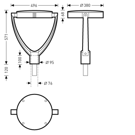 Teknisk ritning av en elegant droppformad LED-luminär från PROLJUS AB med 496 mm bredd, 571 mm höjd och 380 mm topdiameter, integrerat fäste för Ø95/Ø76 stolpar och robust, energieffektiv design för urbana och kommersiella miljöer