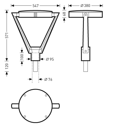 PROLJUS AB:s konformade utomhusarmatur i teknisk ritning, rund topp Ø380 mm, totalhöjd 571 mm, bredd 547 mm och monteringsrör Ø76–95 mm, tre stödarmar, robust, energieffektiv och lättinstallerad lösning för gator, parker och offentliga miljöer