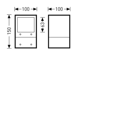 Ritad vy av kompakt rektangulär väggarmatur från PROLJUS AB i front- och sidovy med måtten 100 × 150 × 63 mm, diffust övre fönster och nederdel med två monteringshål, modern och robust design som passar trapphus, korridorer och entréer för PROLJUS AB:s sortiment