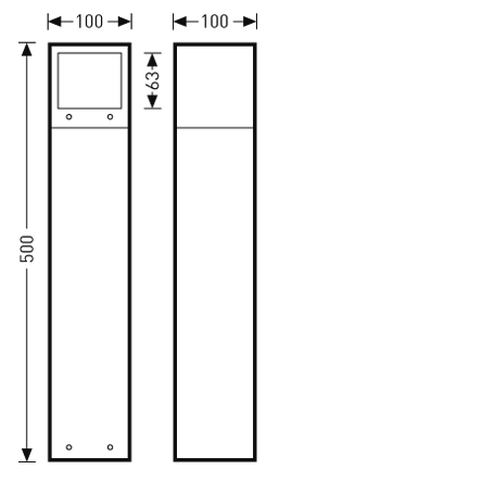 Ritning av smal rektangulär pollare i två vyer, 500 mm hög och 100 mm bred, kvadratisk LED-panel upptill 63 mm, diskret montering och två fästhål, stilren och energieffektiv utomhusarmatur från PROLJUS AB perfekt för entréer, gångvägar och trädgårdar