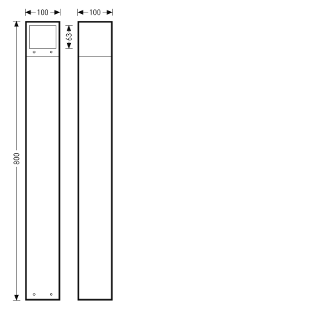 Två slanka rektangulära armaturstolpar från PROLJUS AB, 800 mm höga och 100 mm breda, med ljusöppning i övre delen och dold infästning för stilren och hållbar utomhusbelysning