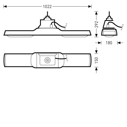 Teknisk ritning av PROLJUS AB:s slanka armatur med två runda ljusmoduler under rektangulärt hölje och centrerat takfäste, mått bredd 1022 mm, höjd 292 mm, djup 180 mm, energieffektiv och robust design idealisk för lager, parkeringshus och industrimiljöer