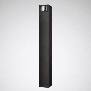 Modern svart stolplampa i rektangulär design från PROLJUS AB, robust pulverlackerad aluminium med riktad LED-belysning för energieffektiv gång- och entrébelysning, elegant och hållbar lösning för professionella utomhusmiljöer