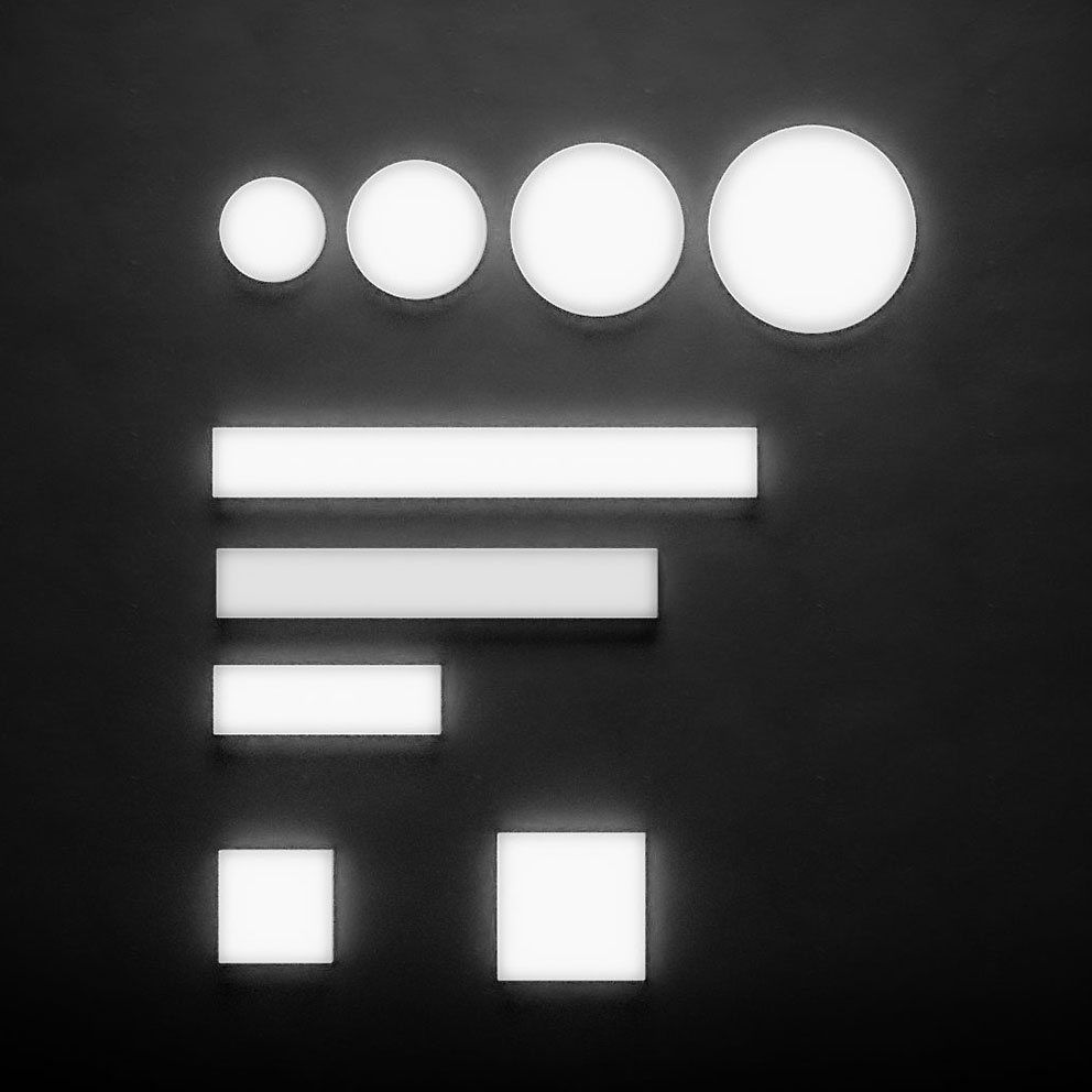 PROLJUS AB visar moderna luminärer med fyra rundade väggarmaturer i stigande storlek och flera rektangulära och kvadratiska ljspaneler som demonstrerar flexibel energieffektiv belysning för kontor, butik och offentliga miljöer