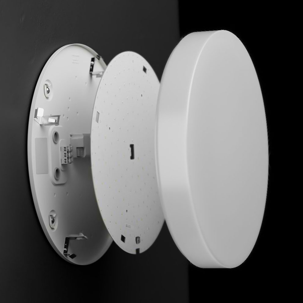 Exploderad vy av en stilren rund LED-plafond från PROLJUS AB med monteringsplatta, LED-kretskort och opal diffusor, energieffektiv och lättmonterad lösning för jämnt och behagligt takljus