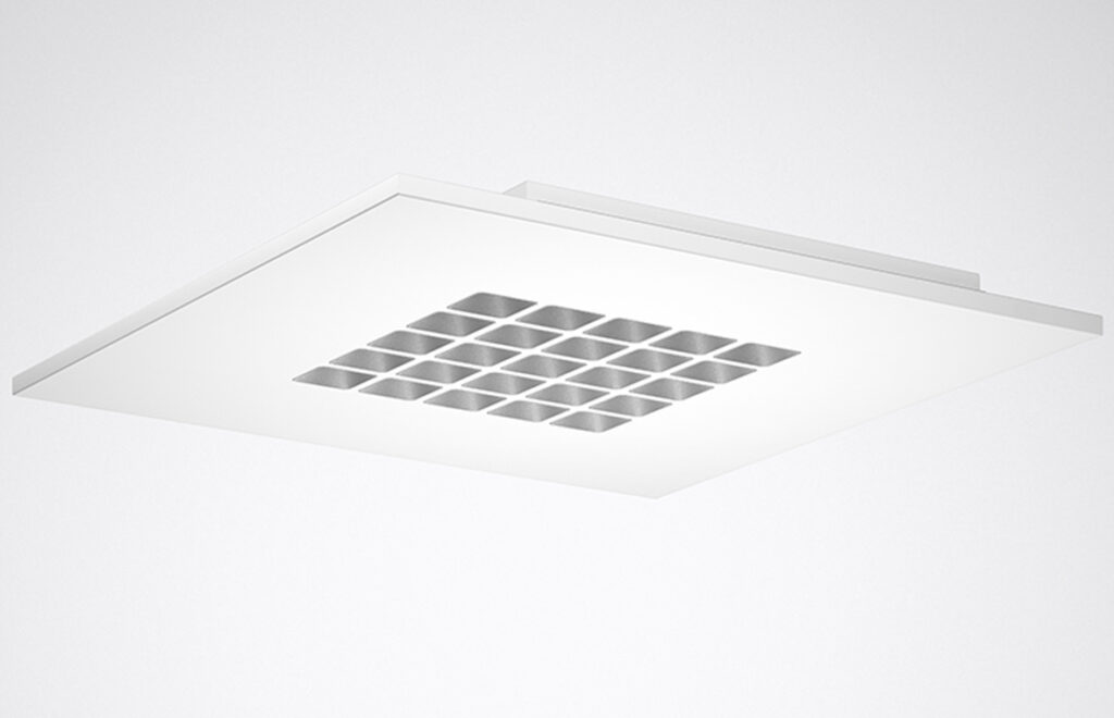 Kvadratisk vit LED-armatur från PROLJUS AB med 5x5 rutnät av infällda reflektorer för energieffektiv, bländfri och stilren belysning i kontor och offentliga miljöer