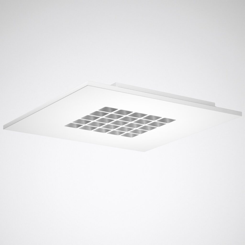 Kvadratisk infälld LED-takarmatur från PROLJUS AB med slimmat vitt chassi och 5x5-rutnät av rundade reflektorceller i borstad metall för energieffektiv, bländfri och högkvalitativ kontors- och kommersiell belysning