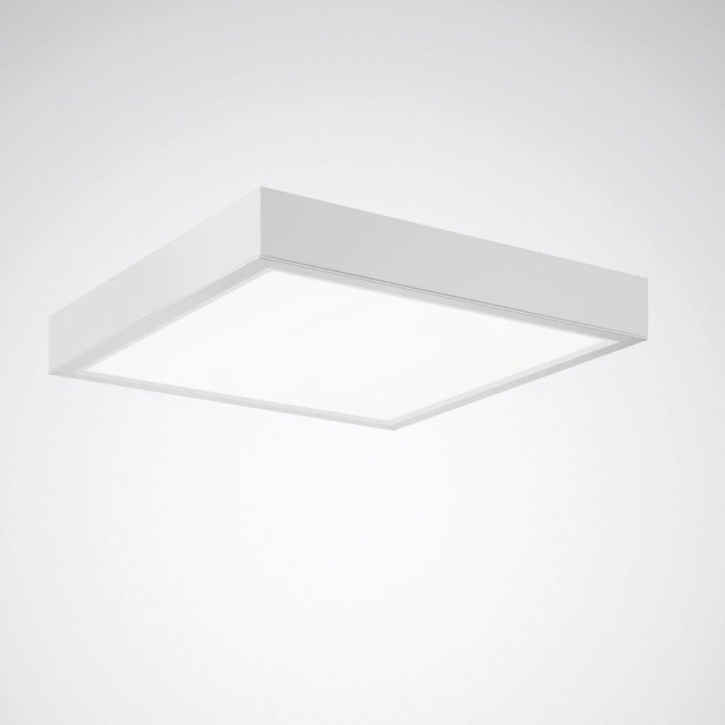 Fyrkantig, tunn LED-ytmonterad armatur från PROLJUS AB med jämnt, bländfritt ljus, modern minimalistisk design och energieffektiv prestanda för kontor, skolor och offentliga miljöer