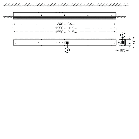 Teknisk illustration av PROLJUS ABs slimmade linjära LED-armatur i tre längder 640, 1250 och 1550 mm med central anslutningsbox och lågbyggd profil för takmontering, robust aluminiumkropp och jämnt avbländat ljus som ger energieffektiv och lättinstallerad belysning för kontor, butik och industri