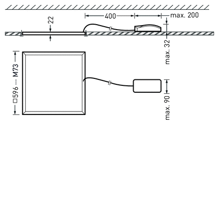 Teknisk skiss av en tunn infälld LED-armatur från PROLJUS AB med separat drivdon anslutet via kabel, visar installationsmått (armaturtjocklek ca 22 mm, kabel 400 mm, drivdon maxhöjd 90 mm, maxdjup under tak 32 mm) och framhäver modern lågprofil, energieffektivitet och enkel installation för professionella projekt