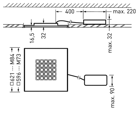 Teknisk ritning av kvadratisk infälld LED-armatur från PROLJUS AB med rutnät av små LED‑moduler, låg byggprofil för infällning i tak (max 32 mm), separat drivdon anslutet med kabel, tydliga mått för enkel installation och energieffektiv högkvalitativ belysning för kontor och butiker
