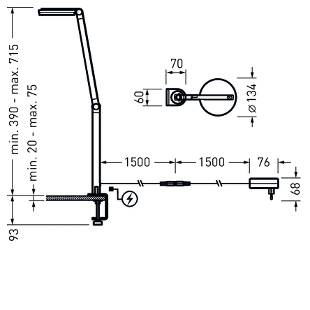 Teknisk illustration av PROLJUS ABs justerbara arbetslampa med tvåledad arm och rund lampkåpa Ø134 mm, bordsklämma för genomgående montering, höjd justerbar 390–715 mm, 2×1500 mm kabel med nätadapter, modern och robust design idealisk för skrivbord och professionella arbetsplatser