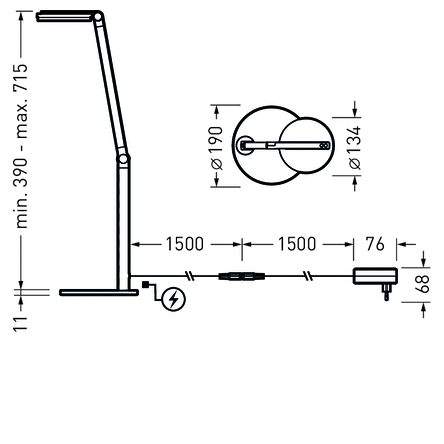 PROLJUS AB erbjuder en modern justerbar LED-armatur med tre leder för höjd 390–715 mm, tunn platt fot 11 mm, två 1,5 m kablar med mellankoppling och kompakt nätadapter, separat väggfäste ø190/ø134 mm, energieffektiv och idealisk för kontor och studio