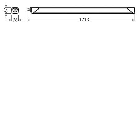 Teknisk illustration av en linjär LED-armatur från PROLJUS AB, rektangulärt profilslut med ändkontakt, angivna mått 1213 mm längd, 76 mm bredd och 67 mm höjd, energieffektiv och robust design för industriella och kommersiella miljöer, enkel installation och lång livslängd