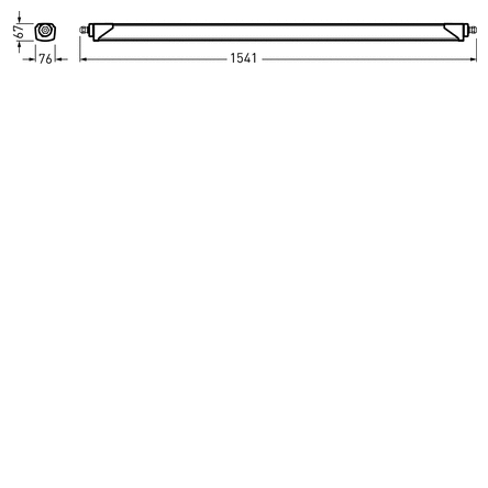 Linjär ljusarmatur från PROLJUS AB i teknisk skiss, 1541 mm lång, 76 mm djup och 67 mm hög, med ändlock och monteringsfästen, energieffektiv och slagtålig design för industri, lager och kommersiella miljöer