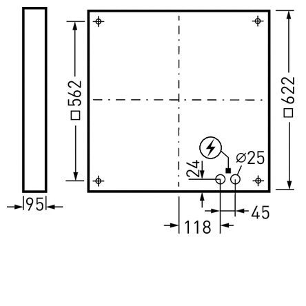 Teknisk ritning av kvadratisk panelarmatur från PROLJUS AB, mått cirka 622×622×95 mm, fyra monteringshål i hörnen, centrerad riktlinje, kabelgenomföring Ø25 mm och tre anslutningshål med 118 mm respektive 45 mm mellanrum, installationsvänlig, stilren och robust armatur för professionella belysningsprojekt