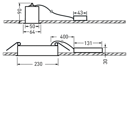 Teknisk snittbild av en slank infälld LED-armatur från PROLJUS AB, visar låg byggnadsprofil 30 mm, separat drivdon och fjäderclips för snabb installation, tydliga måttangivelser för projektering, energieffektiv design idealisk för butik, kontor och kök