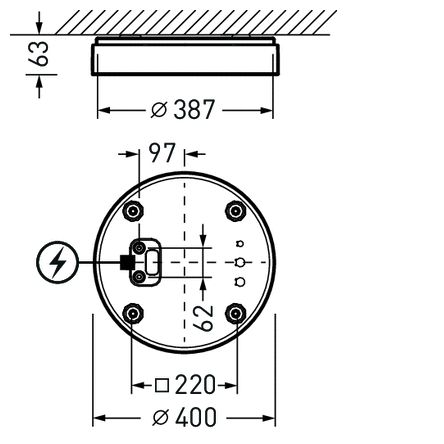 Teknisk illustration av rund lågprofils takarmatur från PROLJUS AB med ytterdiameter 400 mm och profilhöjd 63 mm, visar fyra fästhål, central kabelanslutning och måttangivelser, elegant och robust LED-armatur lämplig för kontor, entréer och offentliga miljöer
