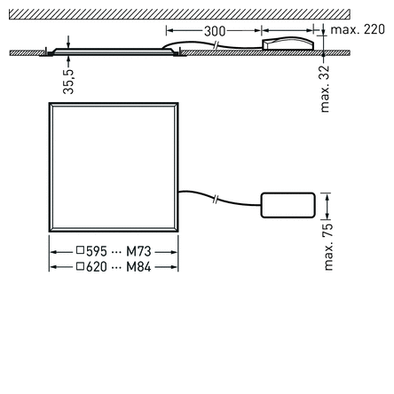 Ritning av PROLJUS kvadratisk infälld LED-armatur i två storlekar 595 mm och 620 mm med ultratunn profil (max 32 mm infällningsdjup), separat driverbox (max 75 mm) och cirka 300 mm anslutningskabel — energieffektiv, högkvalitativ och lättmonterad lösning för moderna kontors- och butiksmiljöer från PROLJUS AB