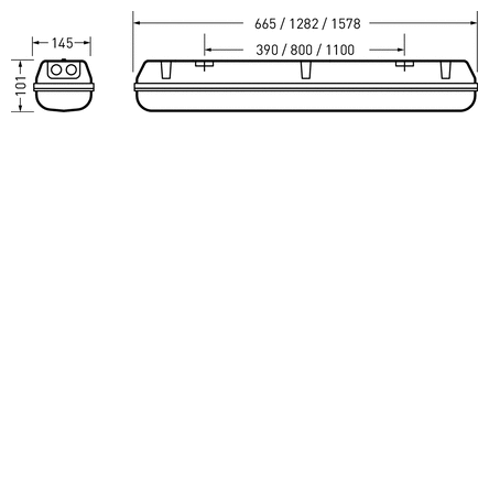 Teknisk ritning av slimmat rektangulärt armatur från PROLJUS AB i tre längder 665/1282/1578 mm och monteringsavstånd 390/800/1100 mm, 145 mm bred och 101 mm hög, med monteringsklämmor för enkel installation idealisk för industrilokaler och garage — kontakta PROLJUS AB för pålitliga energieffektiva belysningslösningar