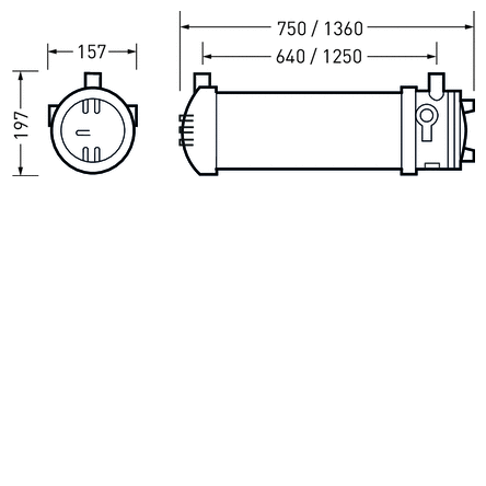 Teknisk ritning av robust cylindrisk LED-armatur i änd- och sidovy med två längdalternativ 750/1360 mm och 640/1250 mm, diameter 157 mm och höjd 197 mm, energieffektiv och enkel att montera idealisk för industri, lager och kommersiella miljöer från PROLJUS AB