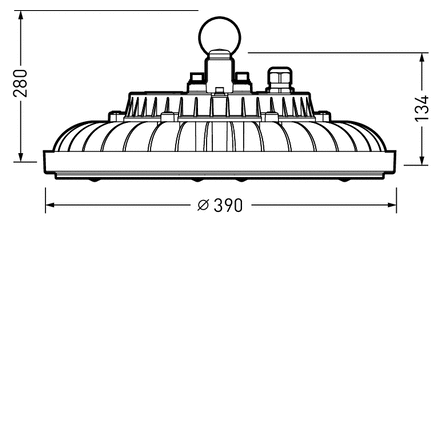 Teknisk sidovy av rund LED-highbay-armatur från PROLJUS AB med ribbad kylfläns och hängfäste, mått Ø 390 mm och höjd 134 mm, energieffektiv och robust belysningslösning för lager, industri och sporthallar