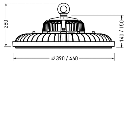 Teknisk sidovy av rund industrilampa från PROLJUS AB med krokupphängning, kraftiga kylflänsar, diameter Ø390/460 mm och höjd 140/150 mm, energieffektiv högpresterande armatur för lager och industrimiljöer