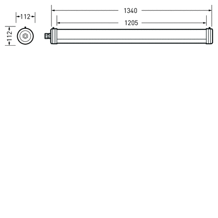 Teknisk illustration av PROLJUS AB:s robusta rörarmatur, 1340 mm total längd och 1205 mm ljuslängd, 112 mm diameter, med kabelanslutning, energieffektiv och perfekt för industriell och kommersiell belysning