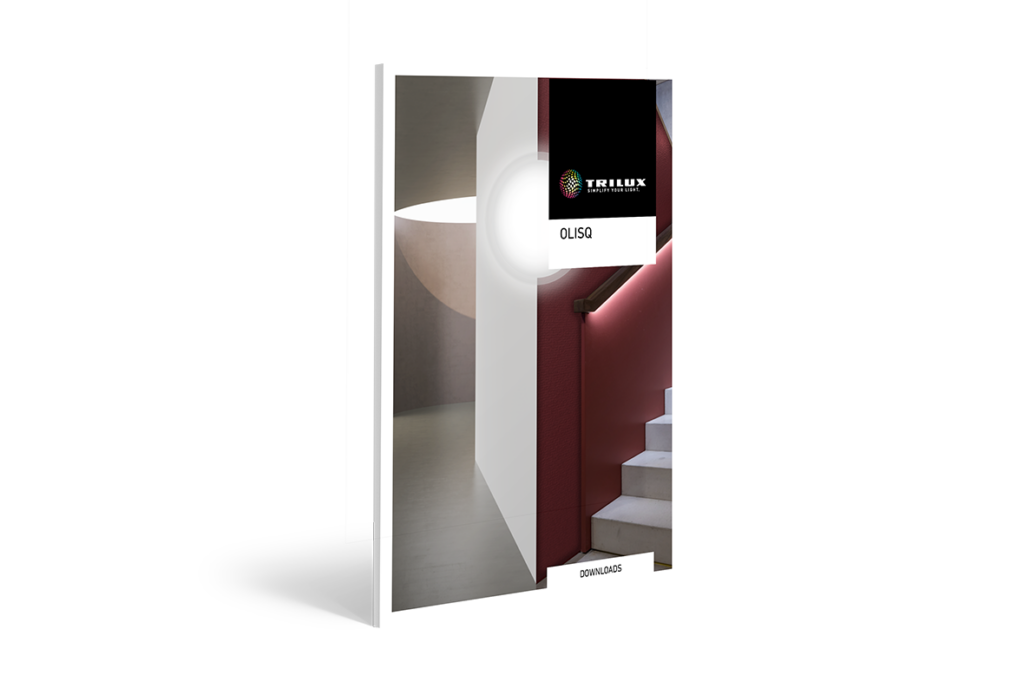 Bild av moderna Trilux-luminärer med rund takarmatur och varm indirekt LED längs en trappa i stilren interiör, visar energieffektiv design och säljmöjligheter för PROLJUS AB