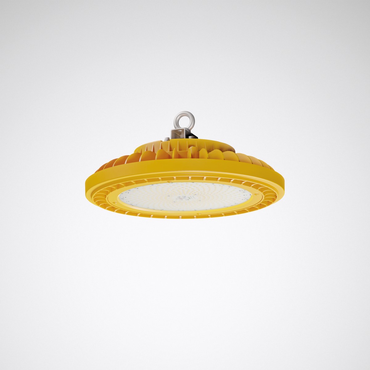 Rund gul UFO-formad LED high-bay armatur från PROLJUS AB med upphängningskrok, kraftig kylfläns och jämn diffusor, energieffektiv och tålig industribelysning idealisk för lager, verkstad och produktionsmiljöer