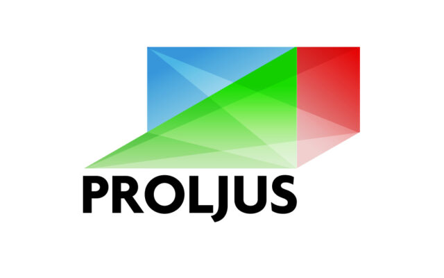 PROLJUS AB logotyp i färgglad geometrisk design som framhäver moderna, energieffektiva och högkvalitativa LED-armaturer för professionella belysningslösningar