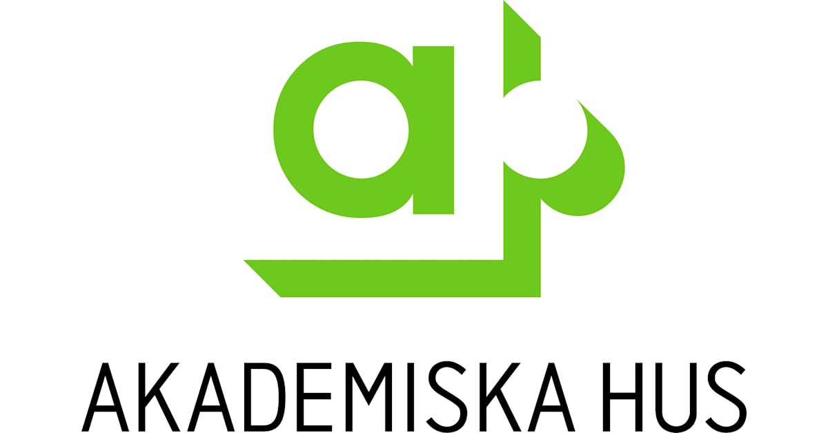 Grön stiliserad ap-logotyp med texten Akademiska Hus, en idealisk bakgrund för PROLJUS ABs moderna energieffektiva armaturer som förbättrar ljuskvalitet och minskar energikostnader på campus