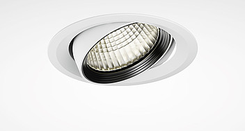 Infällbar, justerbar LED-downlight med vit ram, svart innerring och djup facetterad reflektor som ger riktat, bländfritt ljus för butik och kontor från PROLJUS AB