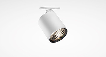 Vit cylindrisk riktbar LED-armatur för skensystem, stilren och robust design med justerbar vinkel och precist fokusljus, idealisk för butik, galleri och moderna interiörer från PROLJUS AB