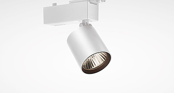 Vit skenspotlight med cylindrisk kropp och välvd ribbad reflektor, modern riktbar och energieffektiv armatur från PROLJUS AB idealisk för butik, galleri och kontorsbelysning