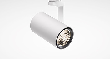 Vit cylindrisk spårspotlight från PROLJUS AB med justerbar LED-reflektor, slimmat aluminiumhölje och kraftfullt energieffektivt riktat ljus som passar butik, galleri och kontor och ger ett professionellt intryck
