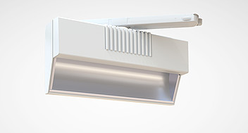 Vit modern skenarmatur med justerbar arm och bred, jämn LED-ljusbild från PROLJUS AB, energieffektiv och idealisk för butiker och showroom