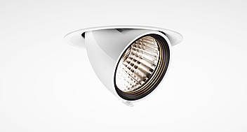 Vit infälld riktbar LED-spot med guldfärgad innerkant och reflektor som ger riktat, energieffektivt och högkvalitativt ljus, PROLJUS ABs moderna armatur perfekt för butik, galleri och kontor