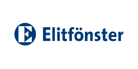 Elitfönster-logotyp i blått med cirkulär E-symbol och texten Elitfönster, visar moderna fönsterlösningar som PROLJUS AB kompletterar med energieffektiva armaturer och ljusdesign för att öka försäljningen