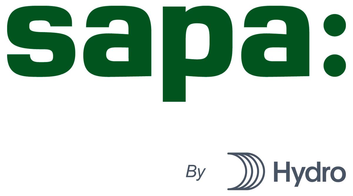 Stor Sapa by Hydro-logotyp på vit bakgrund som marknadsför PROLJUS AB:s armaturer, moderna energieffektiva och robusta ljuslösningar för industri och utomhusbruk idealiska för försäljning