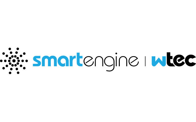 Logotyp för smartengine | wtec i blått och svart med punktmönster som symboliserar ljus — marknadsför energieffektiva, moderna armaturer från PROLJUS AB för professionella belysningslösningar