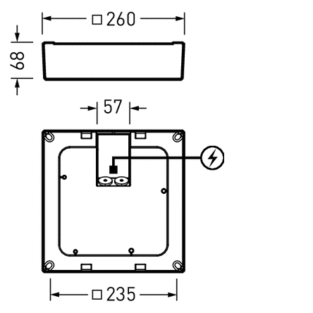 Teknisk ritning av PROLJUS AB ytmonterad armatur i två vyer: sidovy visar rektangulärt hölje 260 mm brett och 68 mm högt, bottenvy visar fyrkantig bas 235 mm med 57 mm kabelgenomföring och anslutningsplint markerad med el-symbol. Robust och minimalistisk design med exakta mått för enkel planering och installation; idealisk för kommersiella och offentliga miljöer, kontakta PROLJUS AB för offert