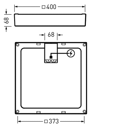 Teknisk ritning av en tunn rektangulär LED-armatur från PROLJUS AB med yttermått 400×68 mm och monteringsbredd 373 mm, visar minimalistisk profil, inbyggd kopplingsdosa och 68 mm anslutningsavstånd för enkel installation och energieffektiv, robust belysning för kontor och offentliga miljöer