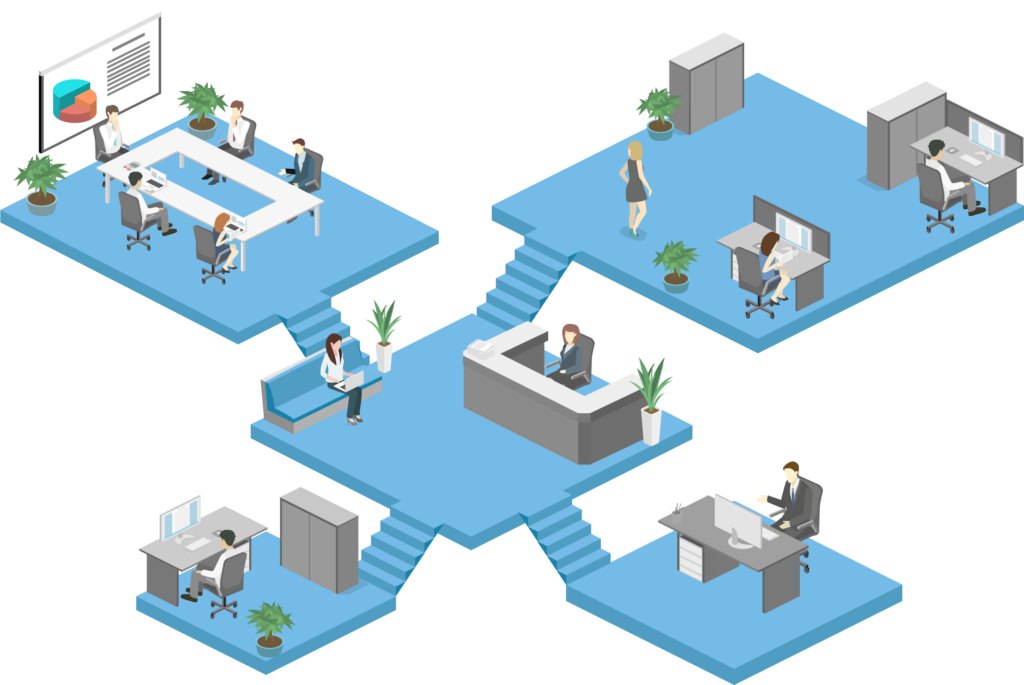 Kontorsscen med mötesrum, reception och öppna arbetsytor upplysta av PROLJUS ABs moderna, energieffektiva LED-armaturer som ger jämnt, bländfritt ljus och en inbjudande, produktiv arbetsmiljö