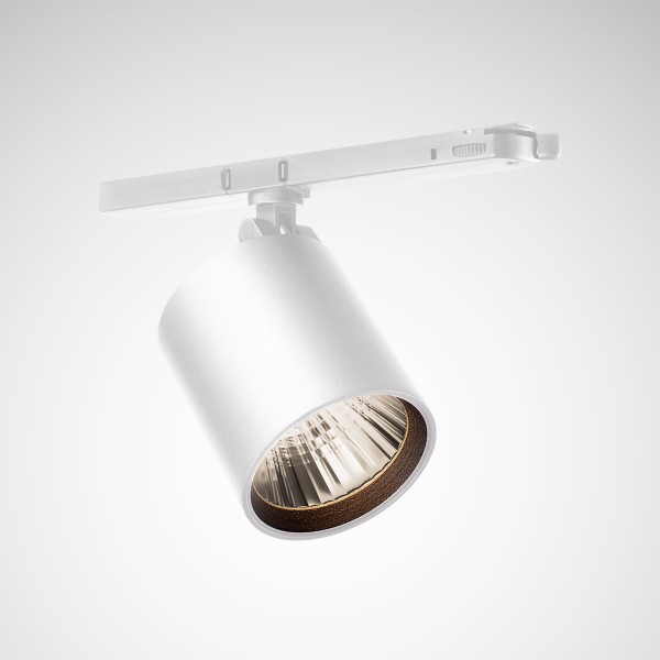 Vit cylindrisk skenspotlight i modern design från PROLJUS AB, justerbar LED-armatur med reflektor för riktat och energieffektivt ljus, perfekt proffslösning för butik, galleri och kontor