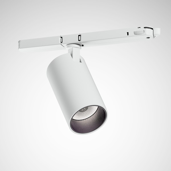 Vitt spårmonterat LED-spotlight i cylindrisk, riktbar design med djup reflektor för koncentrerat, energieffektivt zonljus, stilren lösning för butik, galleri och kontor, säljs av PROLJUS AB