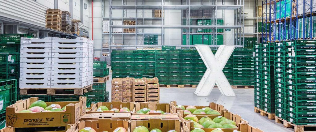 Väl upplyst lager med staplade fruktlådor och en iögonfallande vit X‑formad armatur i förgrunden som demonstrerar PROLJUS ABs kraftfulla och energieffektiva industribelysning för jämnt, klart arbetsljus och optimerad lagerdrift